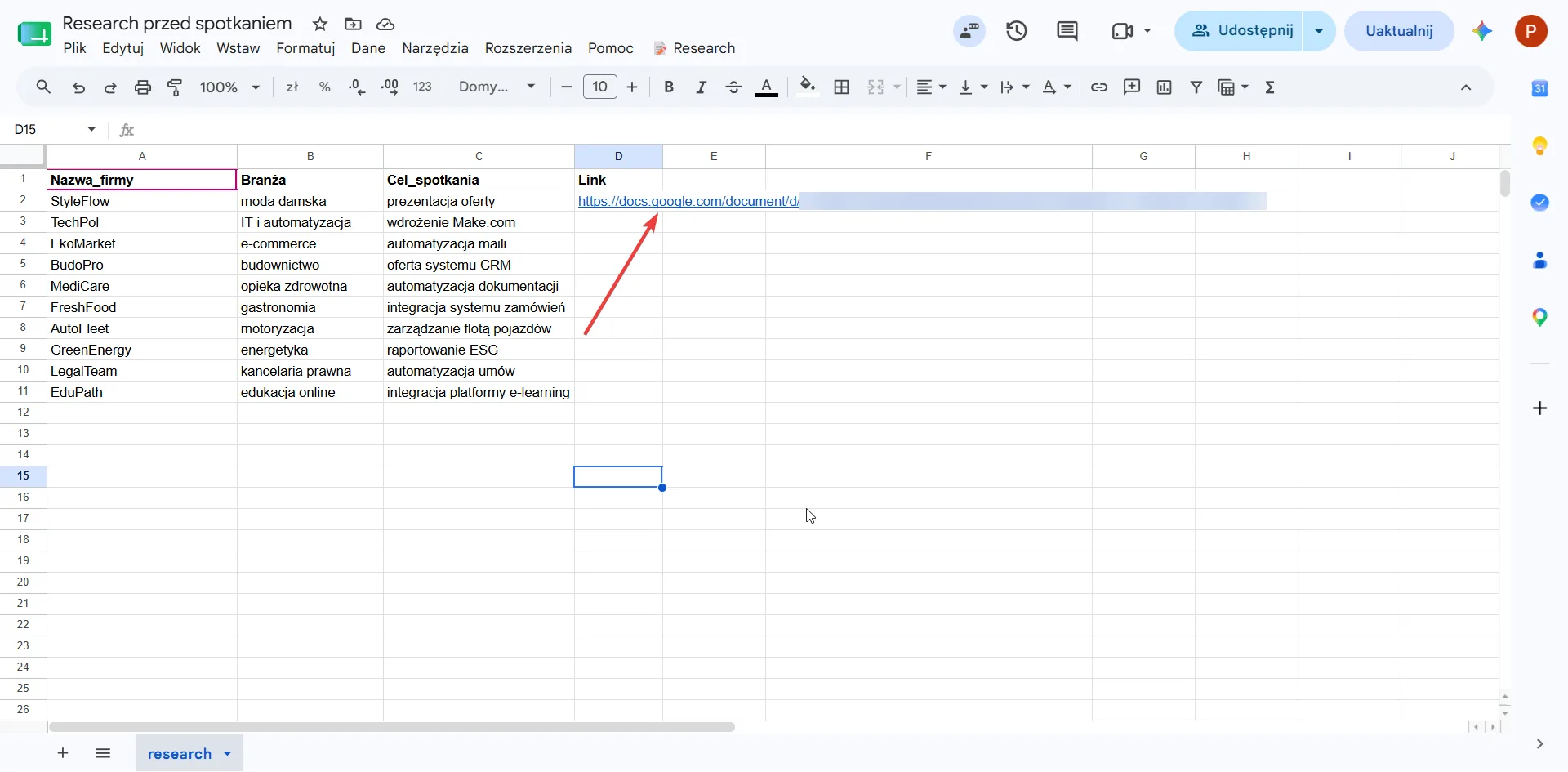 Arkusz Google Sheets Research przed spotkaniem — 10 firm z branżami i celami spotkań, w wierszu StyleFlow wstawiony link do briefu