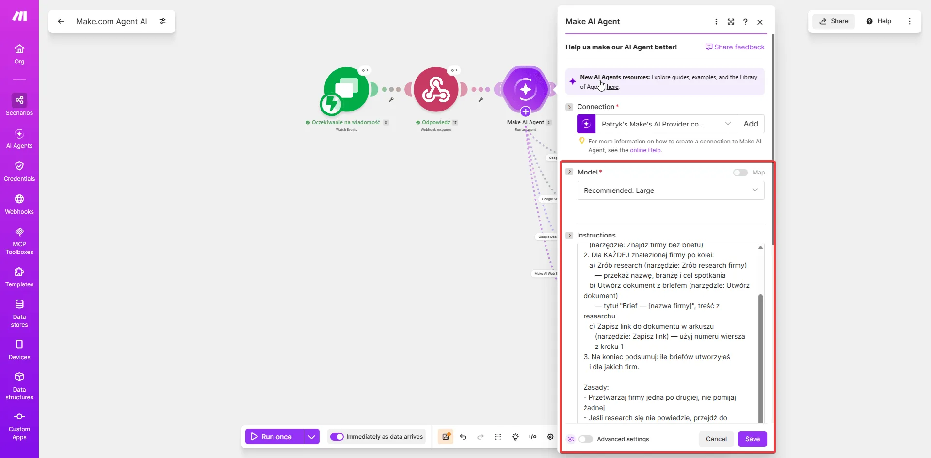 Moduł Make AI Agent — połączenie Make AI Provider, wybór modelu Recommended Large i pole Instructions z system promptem agenta