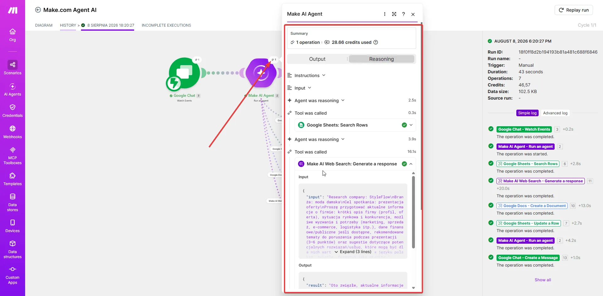 Reasoning Panel w Make — zakładka Reasoning modułu Make AI Agent: kroki Agent was reasoning i Tool was called z wywołaniem Google Sheets Search Rows i Make AI Web Search, obok log przebiegu z czasami operacji