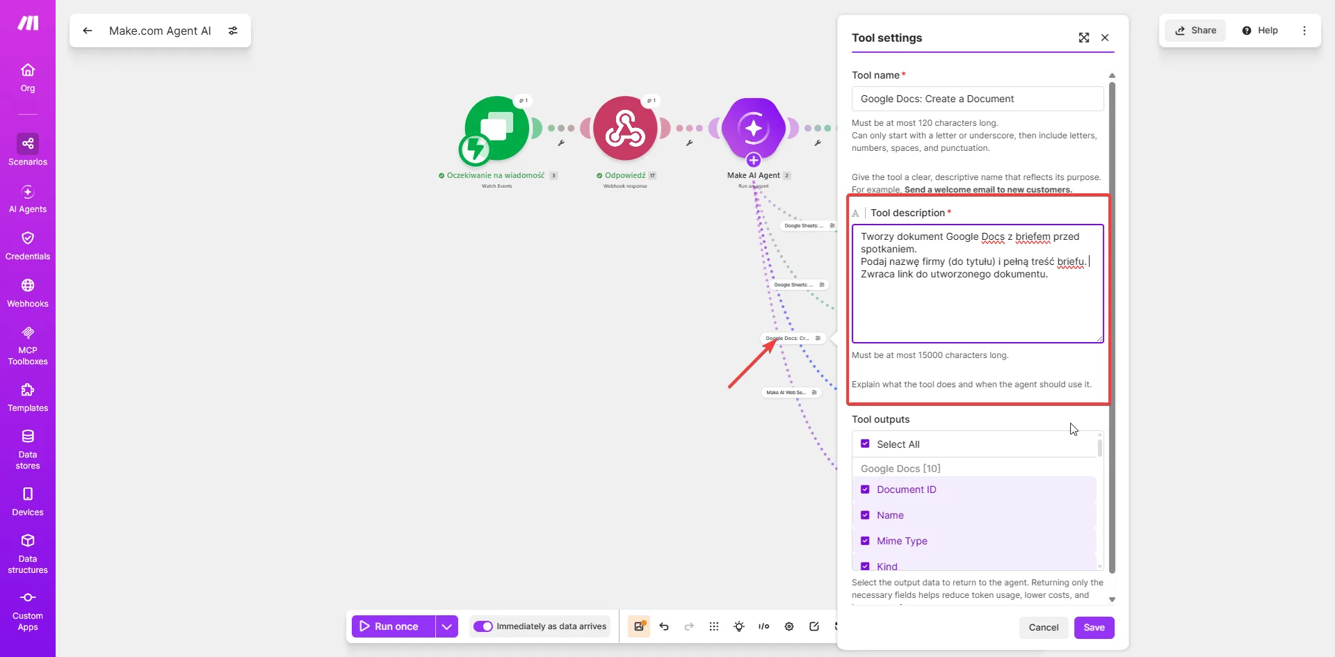 Tool settings w Make — narzędzie Google Docs Create a Document z opisem tworzenia briefu przed spotkaniem
