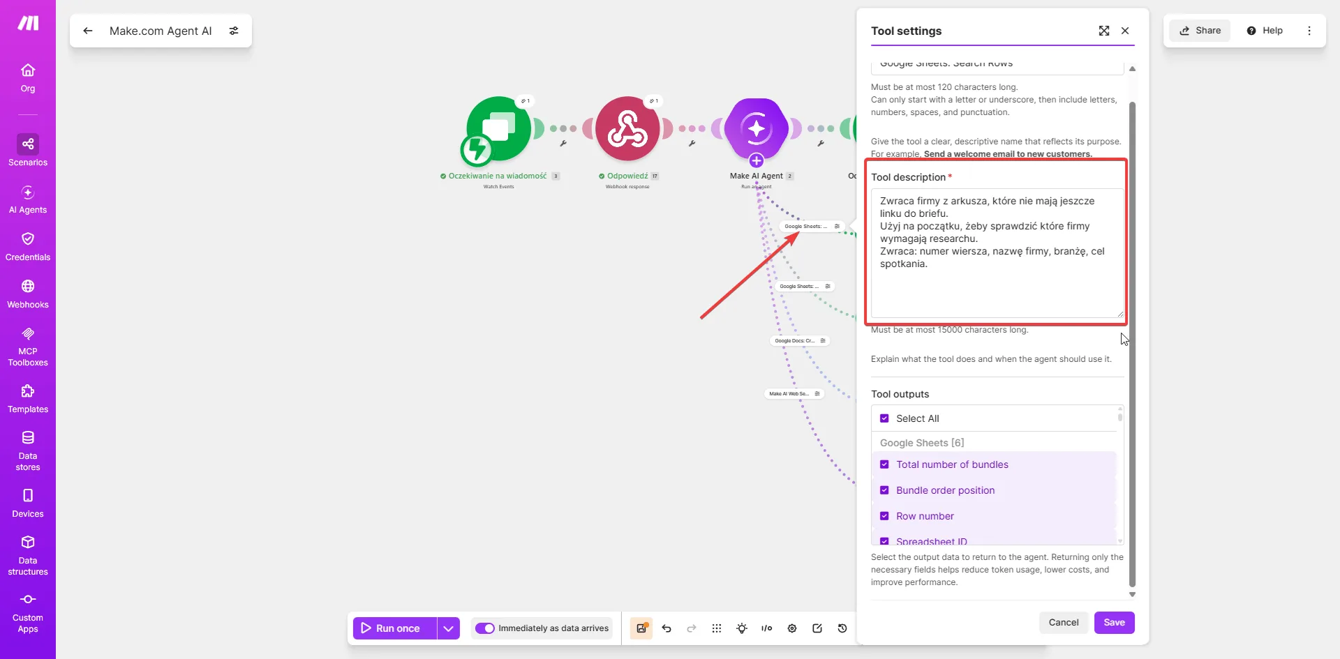 Tool settings w Make — narzędzie Google Sheets Search Rows z polskim opisem: zwraca firmy z arkusza bez linku do briefu