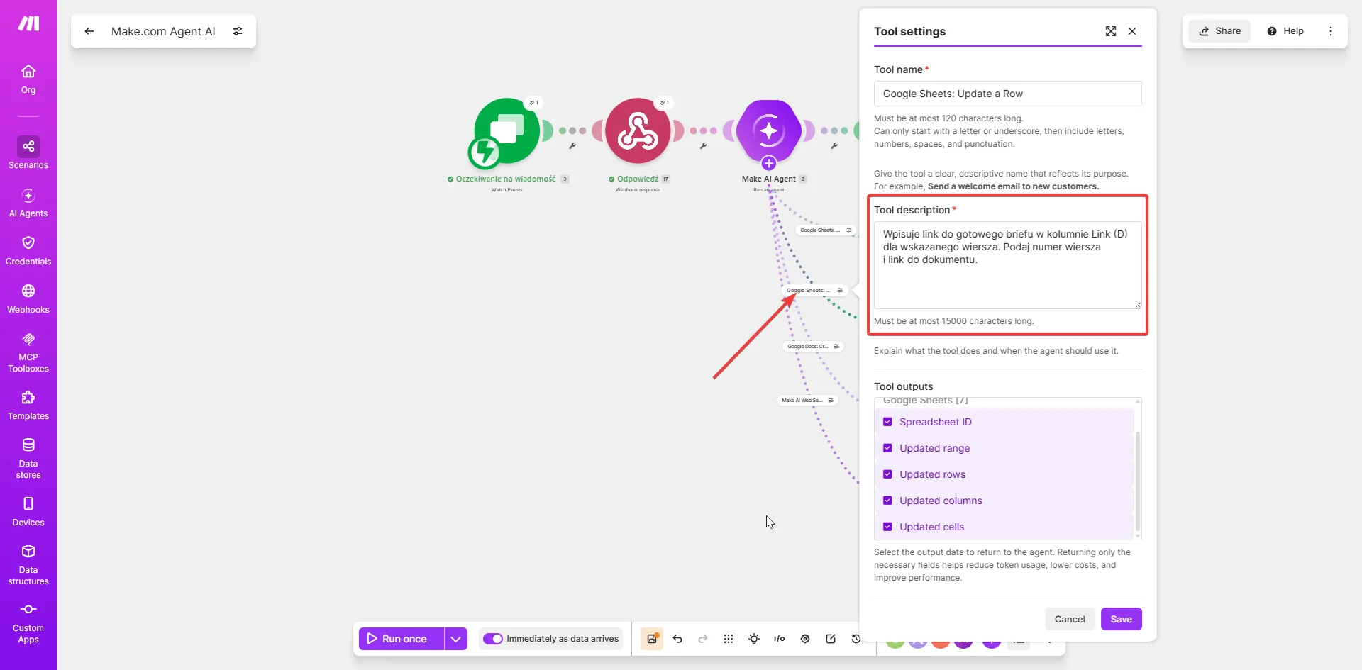 Tool settings w Make — narzędzie Google Sheets Update a Row wpisujące link do briefu w kolumnie D wskazanego wiersza