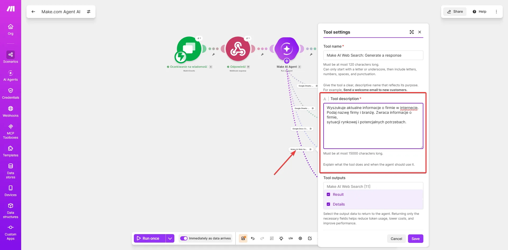 Tool settings w Make — narzędzie Make AI Web Search z opisem: wyszukuje aktualne informacje o firmie, podaj nazwę i branżę
