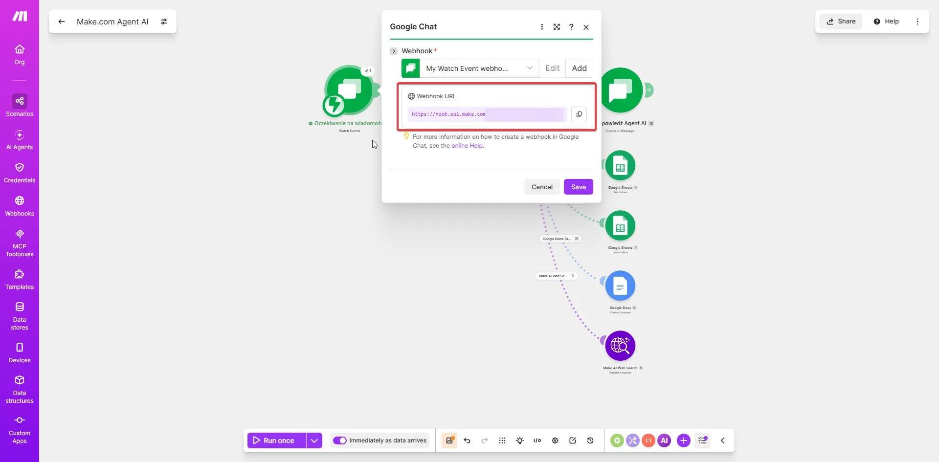 Moduł Google Chat w Make — konfiguracja webhooka My Watch Event z wygenerowanym Webhook URL