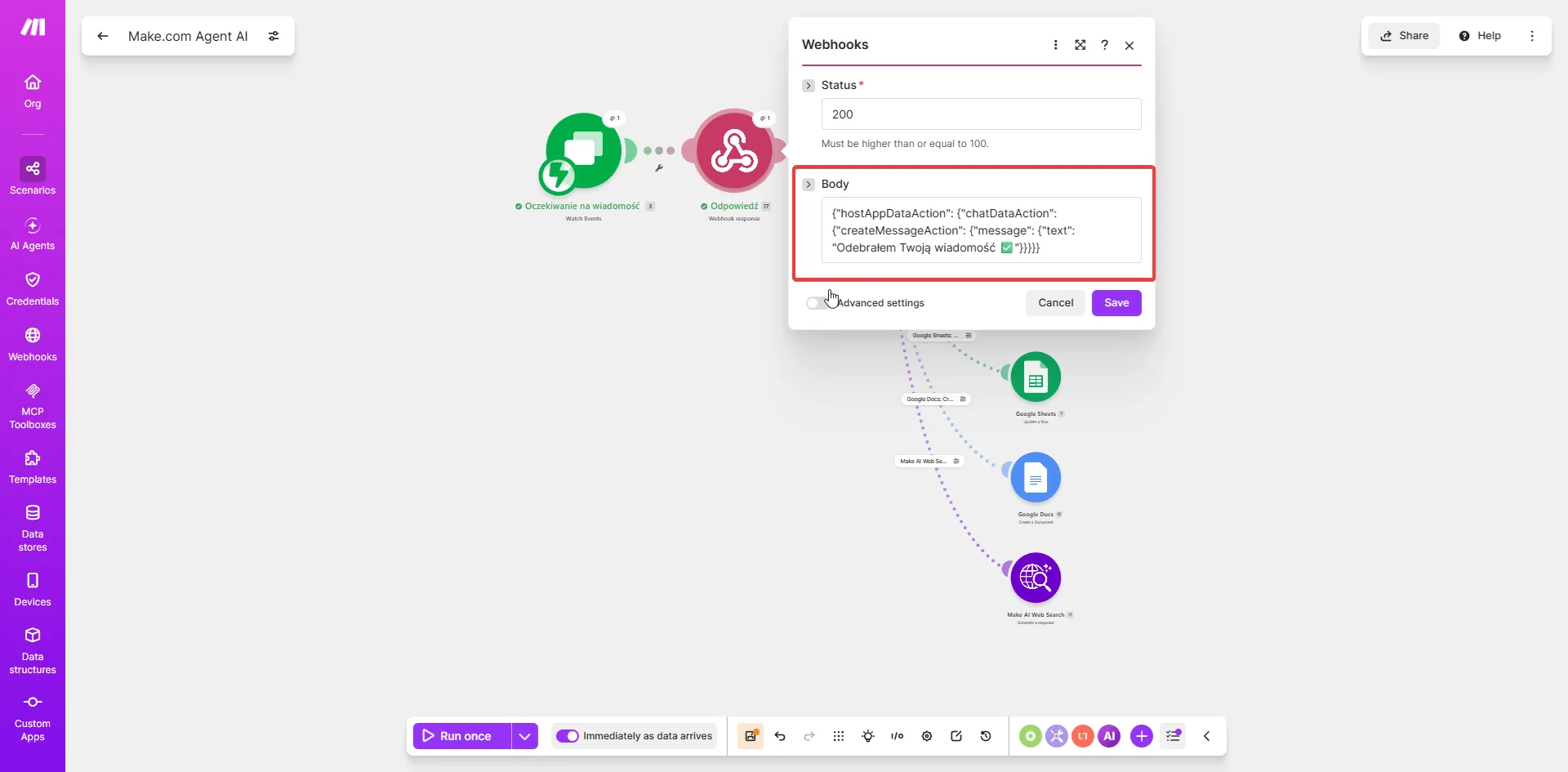 Moduł Webhook response w Make — status 200 i body JSON z komunikatem Odebrałem Twoją wiadomość