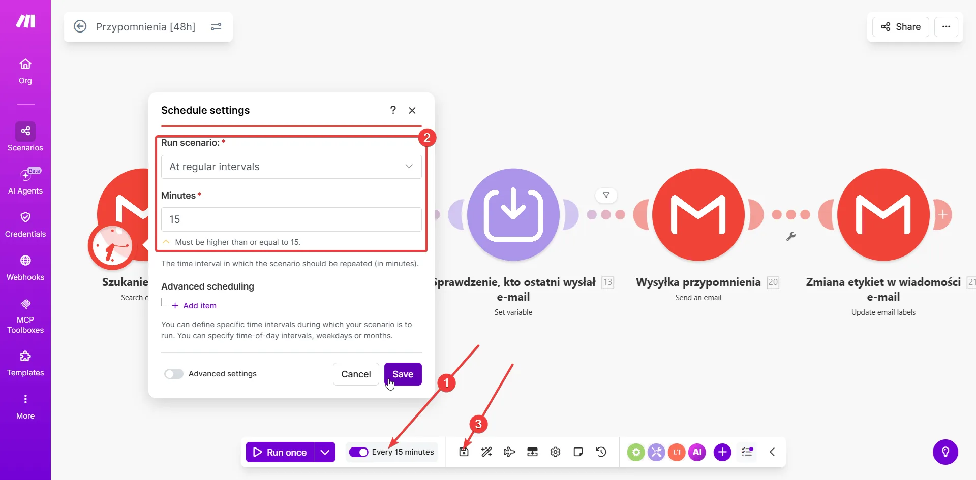 Schedule settings — uruchamianie co 15 minut