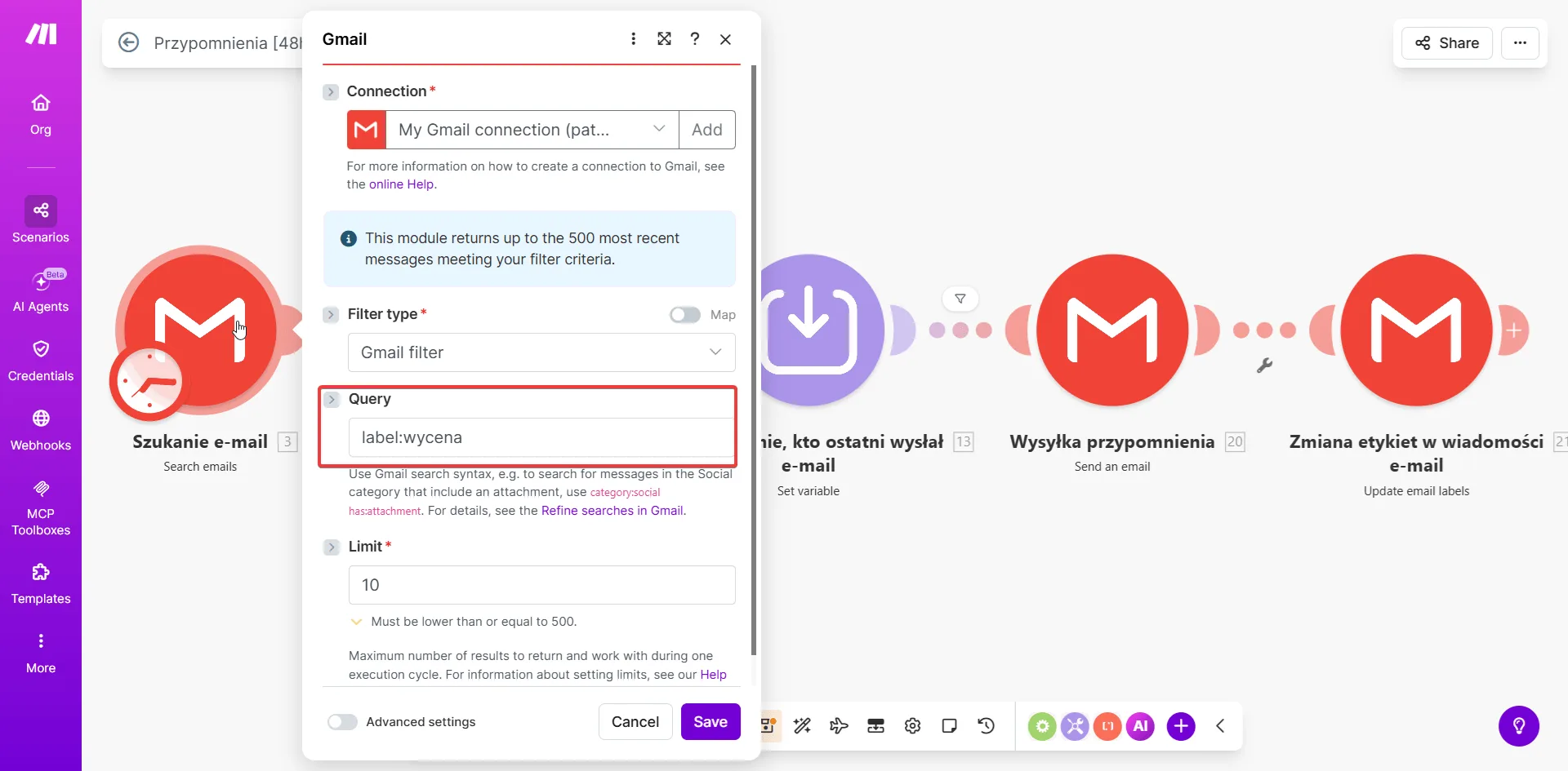Konfiguracja modułu Search Emails - query label:wycena