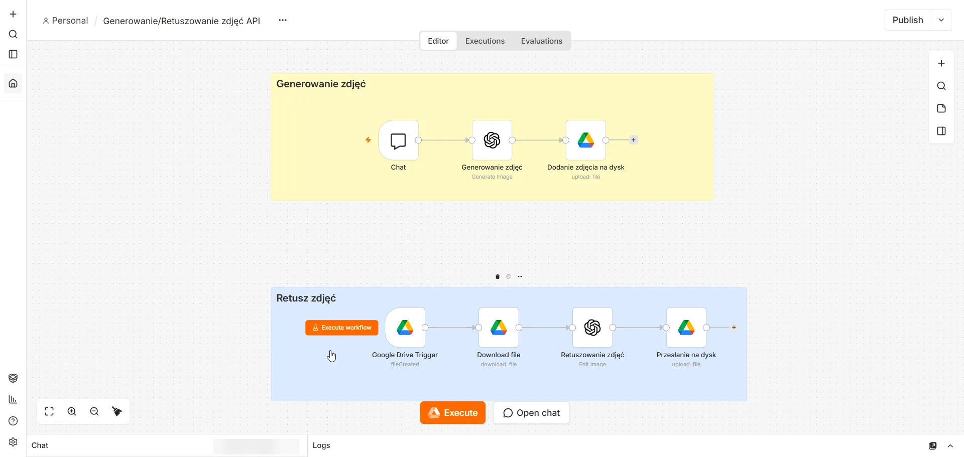 n8n - edytor workflow z dwiema automatyzacjami: generowanie zdjęć z czatu i retusz zdjęć z Dysku Google