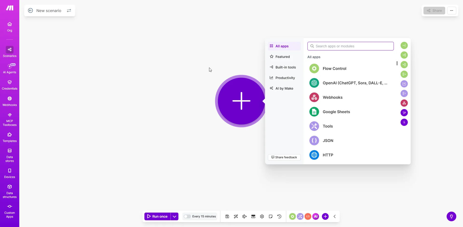 Pusty kanvas nowego scenariusza z menu modułów