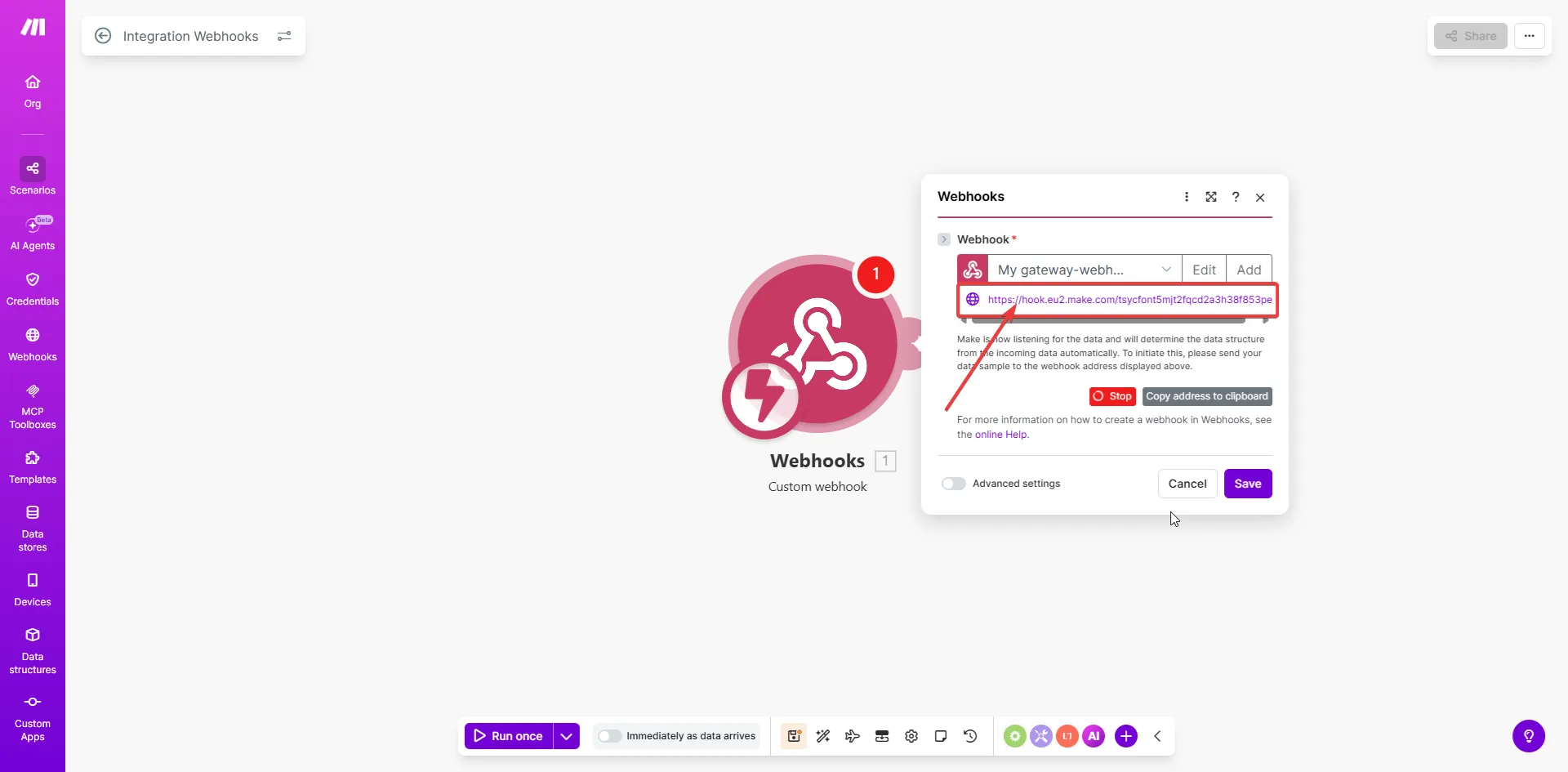 Konfiguracja Custom Webhook z wygenerowanym URL