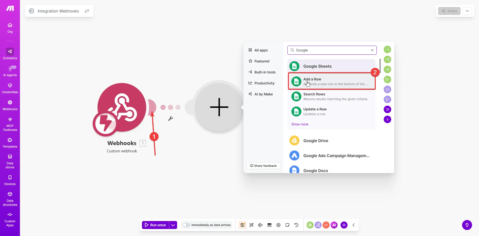 Dodawanie modułu Google Sheets do scenariusza