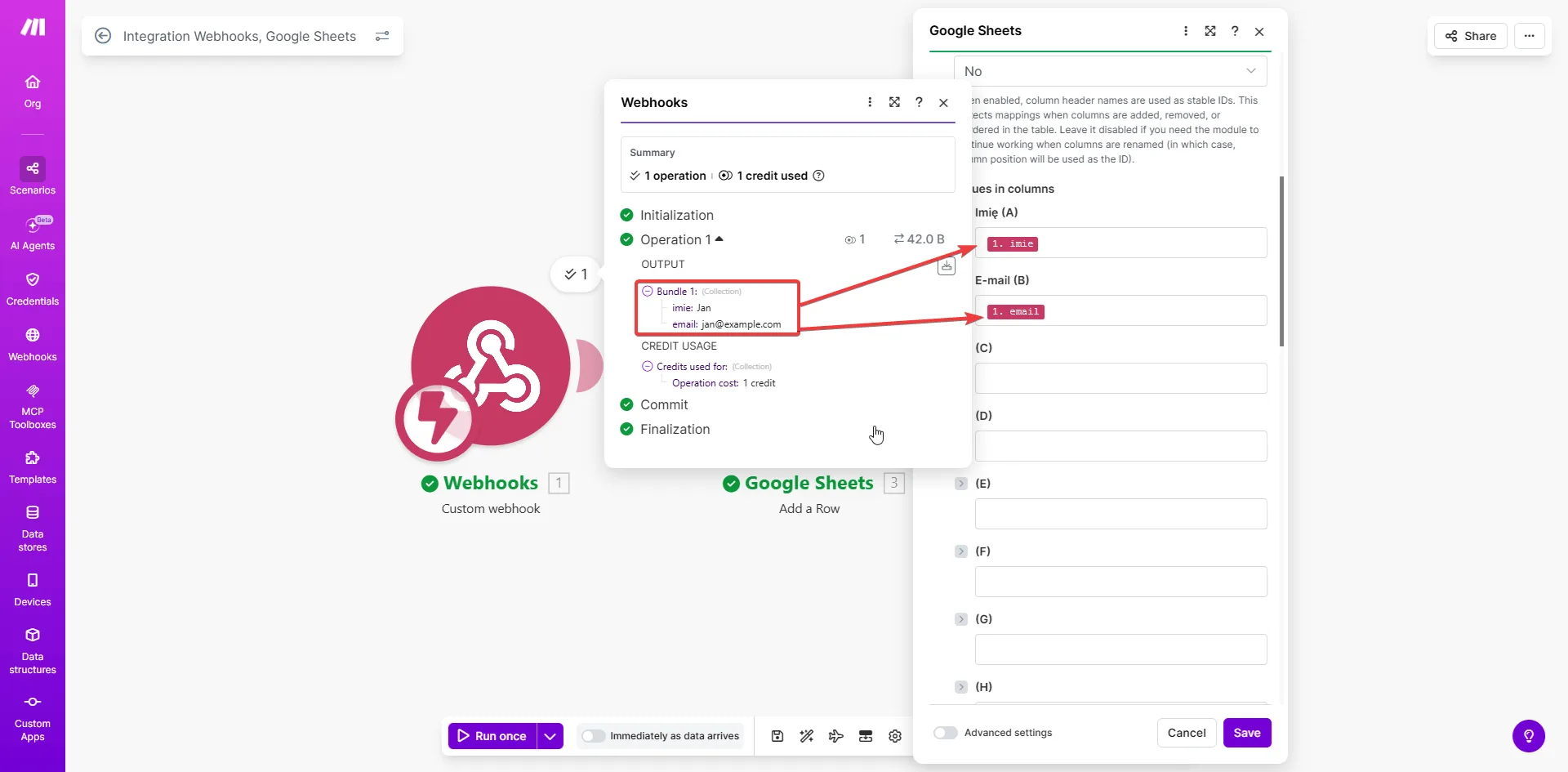 Konfiguracja mapowania pól w Google Sheets i wynik testu