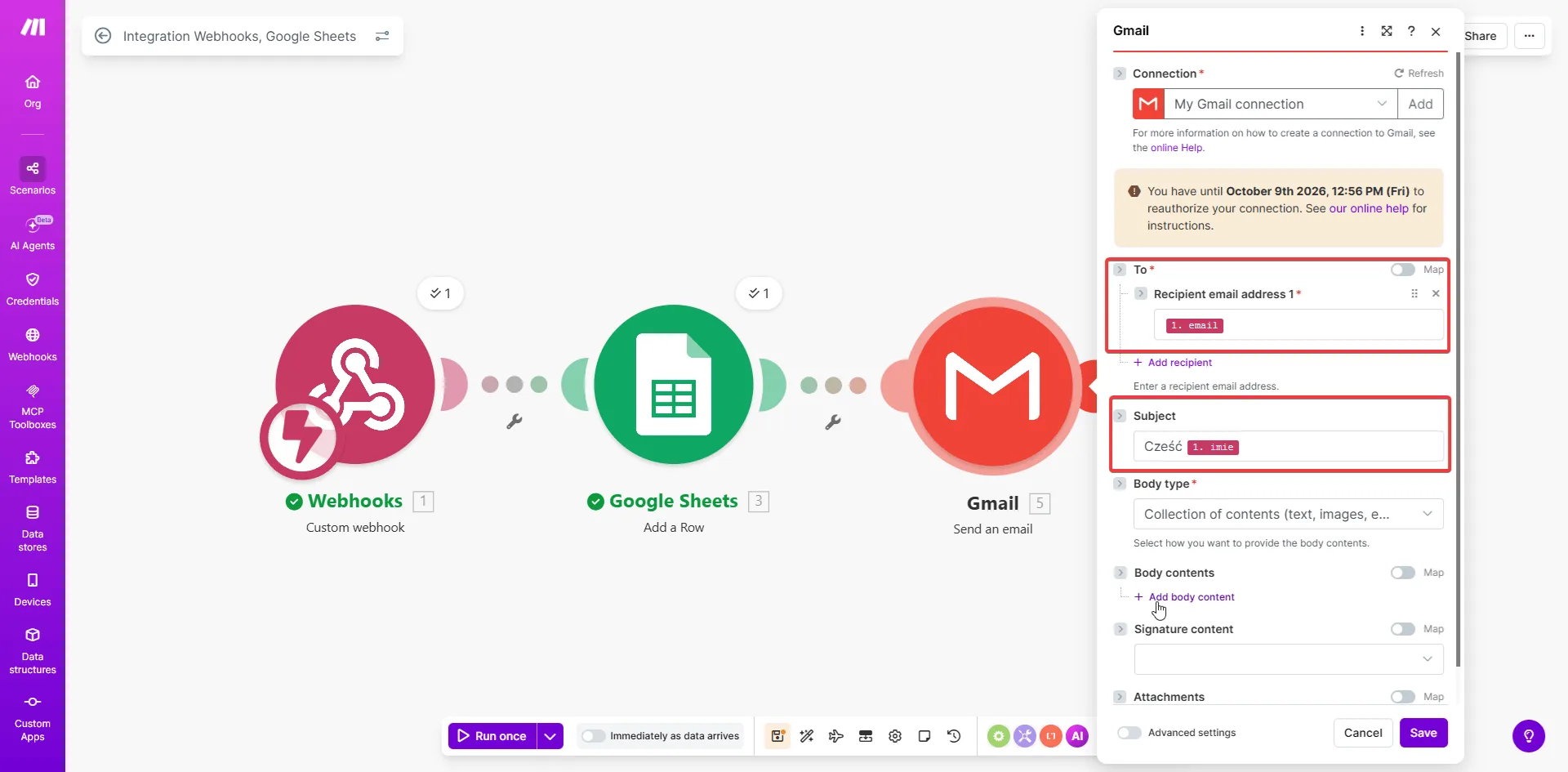 Konfiguracja modułu Gmail z mapowaniem zmiennych