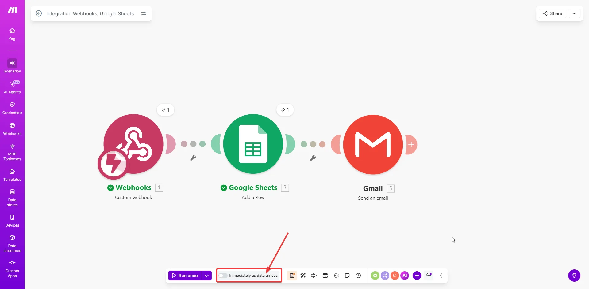 Kompletny scenariusz Webhooks → Google Sheets → Gmail