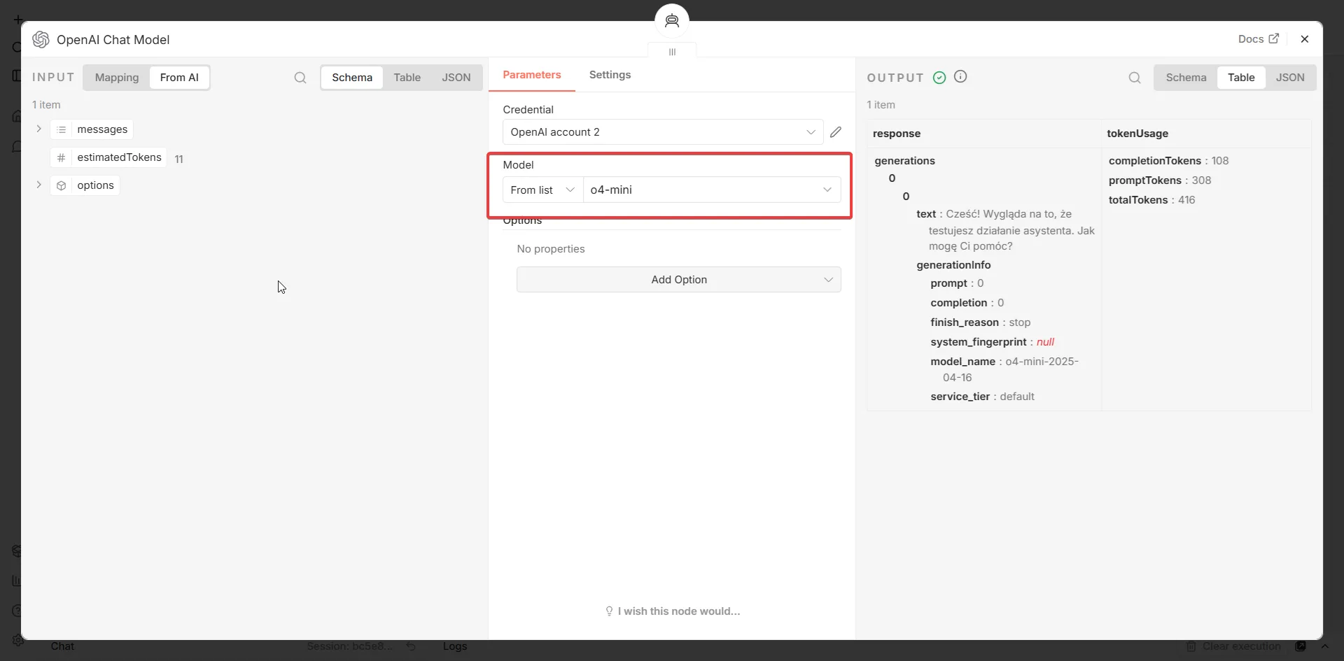 Konfiguracja OpenAI Chat Model z modelem o4-mini w n8n