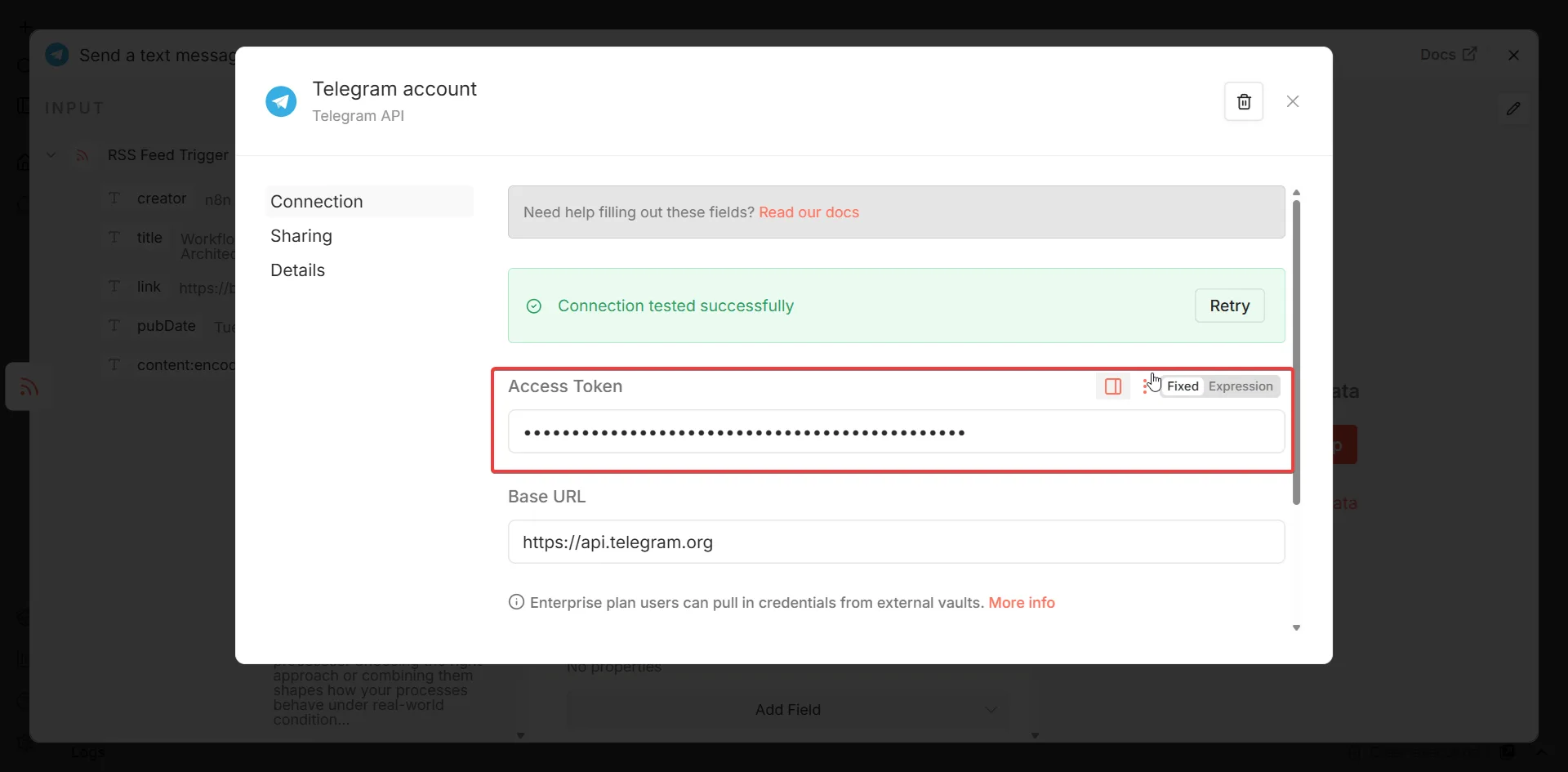 Credentials Telegram — Connection tested successfully
