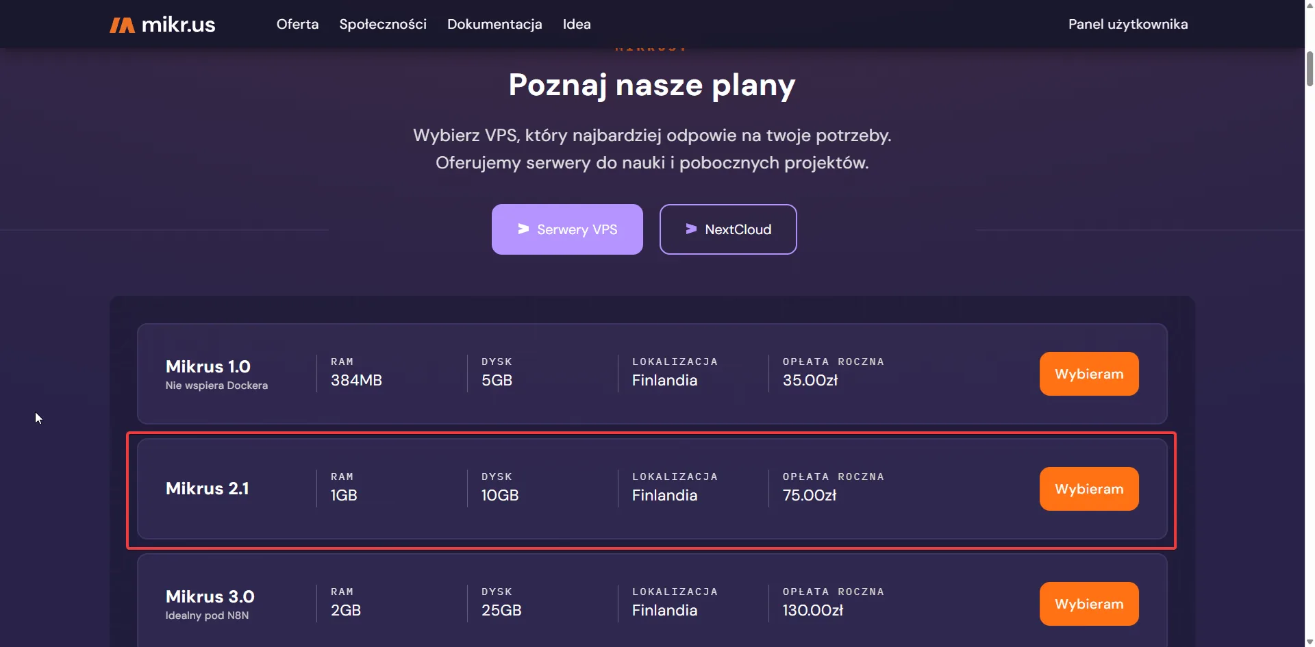 Plany mikr.us - wybierz Mikrus 2.1 z 1GB RAM