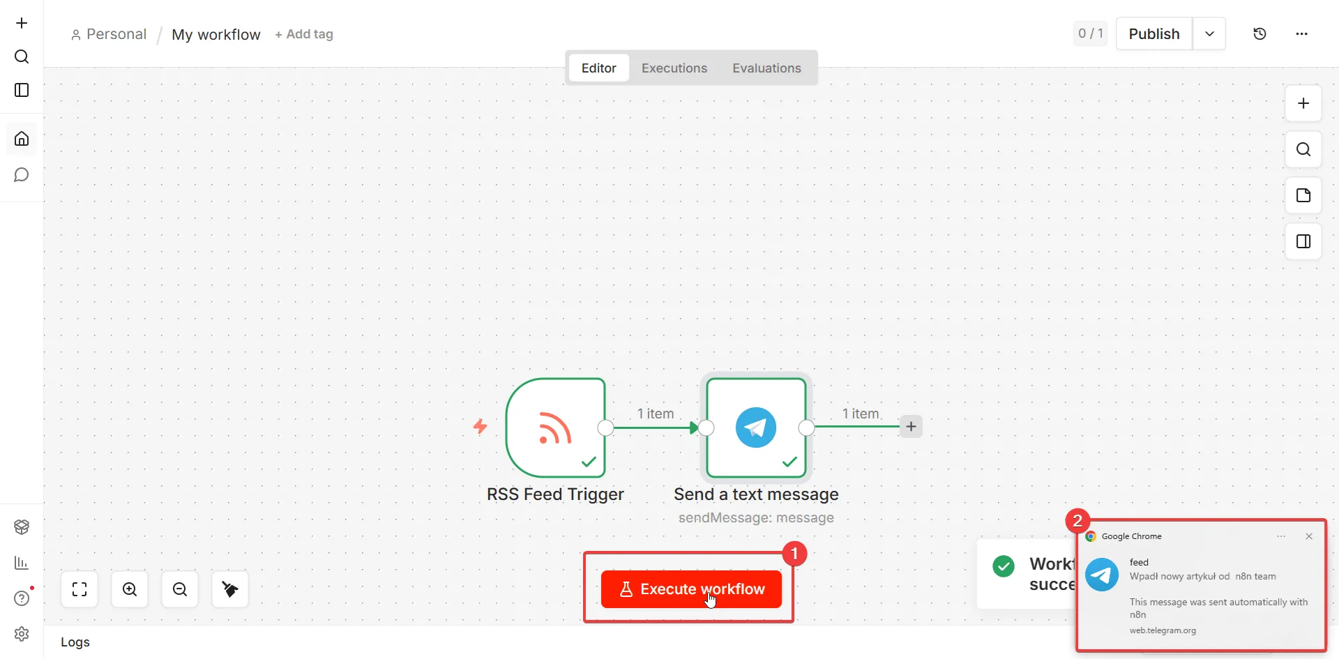 Workflow działa - powiadomienie na Telegramie