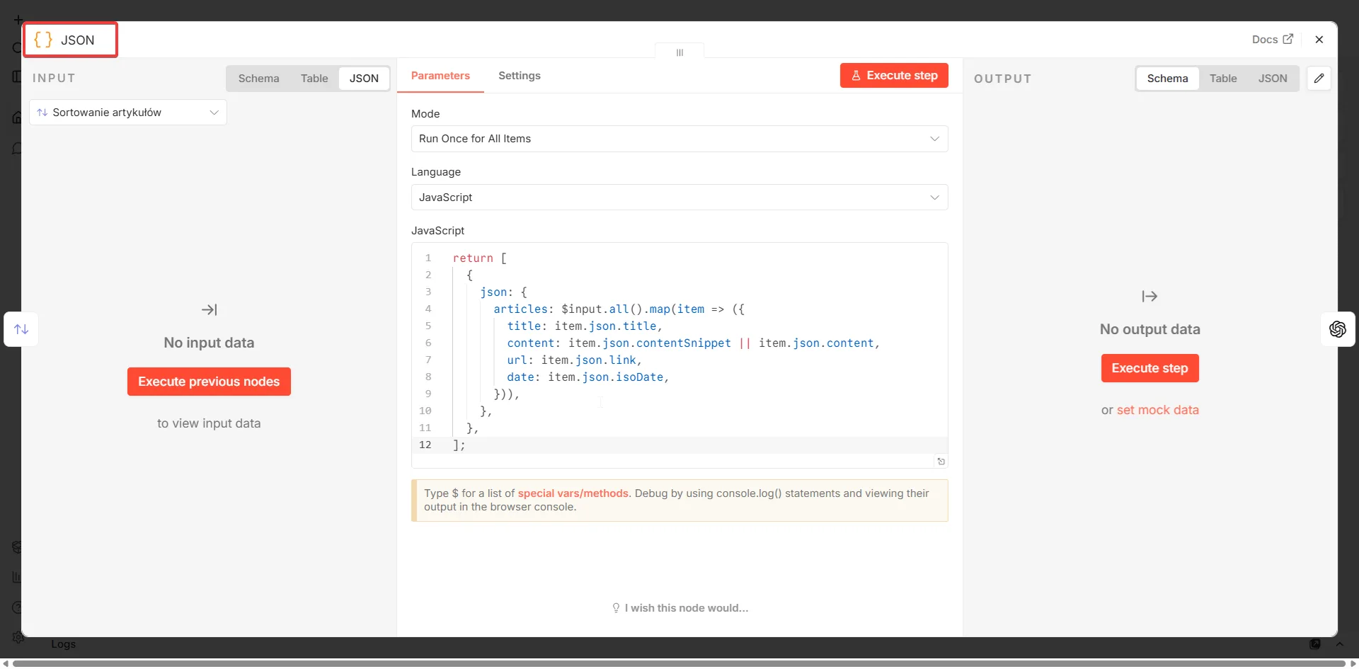 Code — przygotowanie danych JSON do OpenAI w n8n
