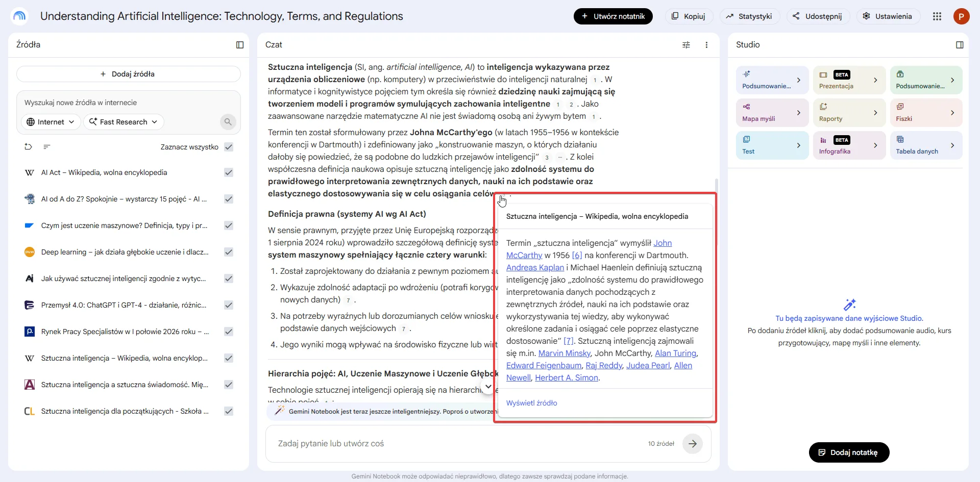 Cytowania w NotebookLM — kliknięty przypis otwiera fragment źródła z Wikipedii