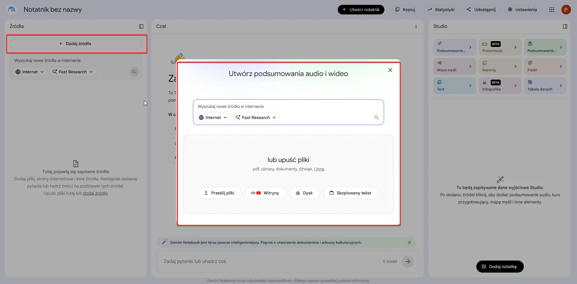 Dodawanie źródeł w NotebookLM — przesyłanie plików, witryny, Dysk Google i skopiowany tekst
