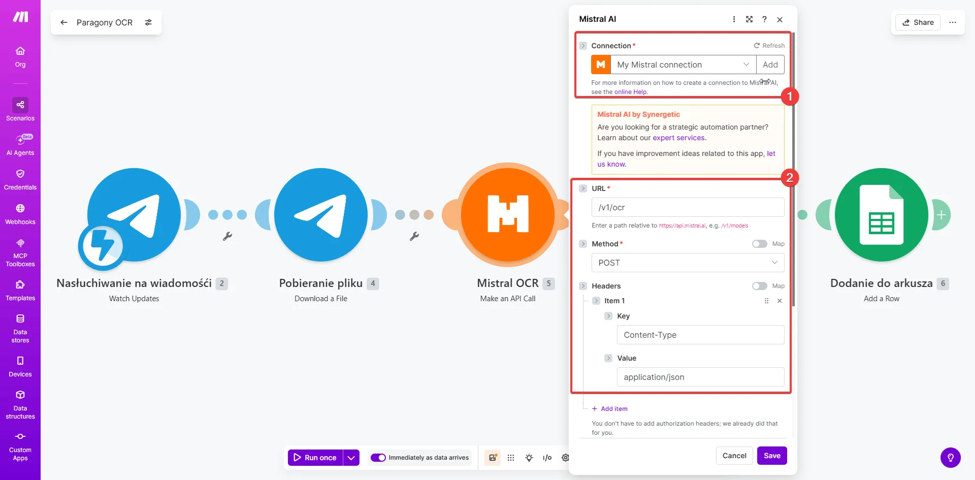 Mistral OCR w Make.com — konfiguracja połączenia i nagłówków HTTP