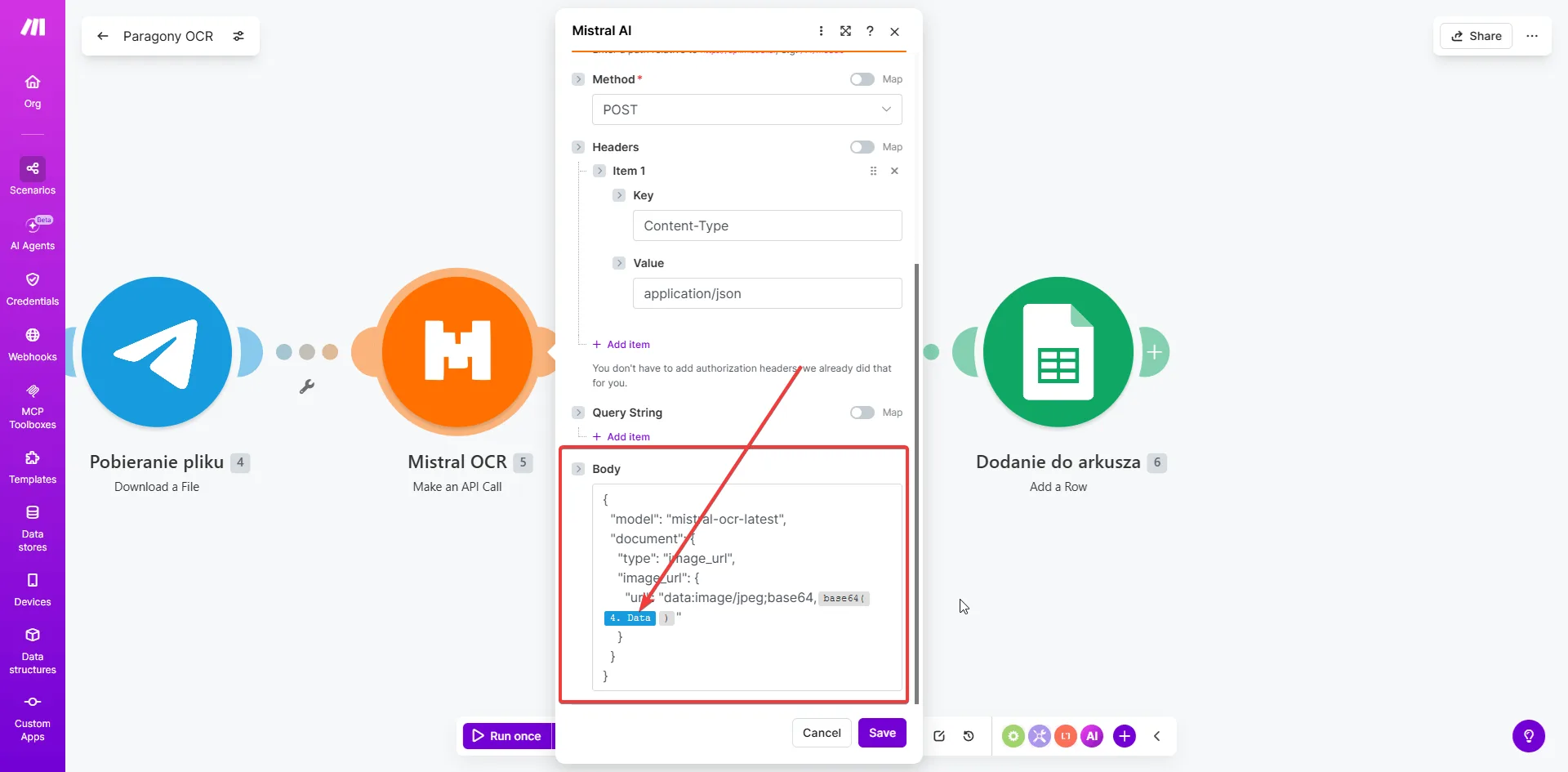 Mistral OCR — body żądania z modelem mistral-ocr-latest i obrazem base64