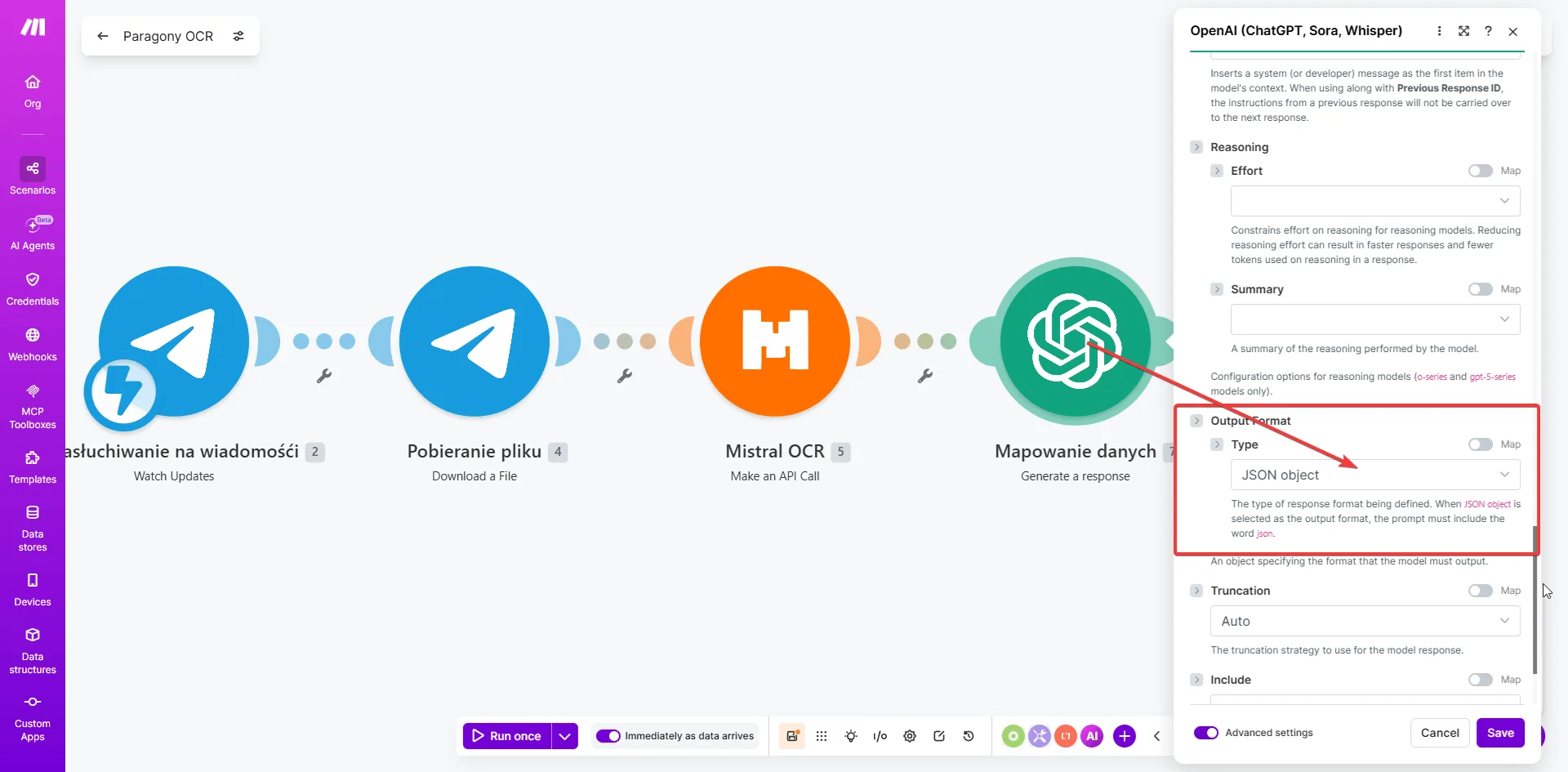OpenAI w Make.com — ustawienie Response Format na JSON object