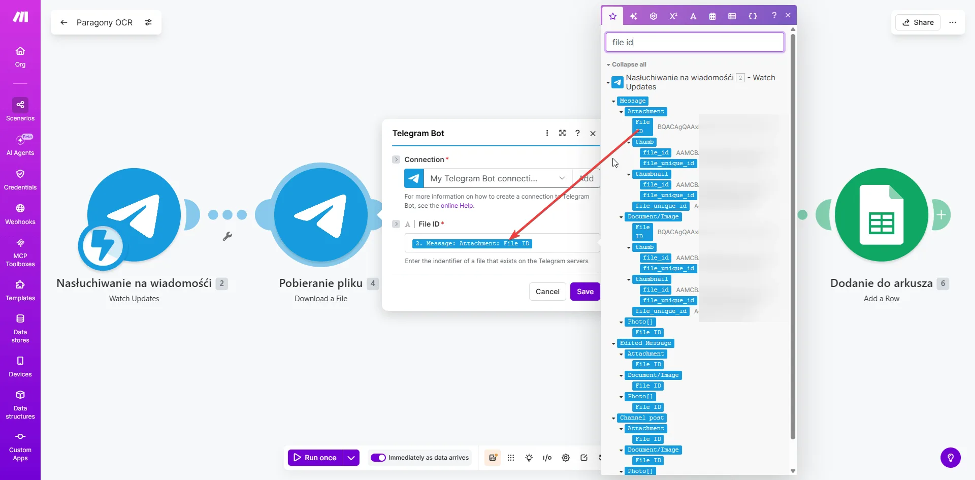 Konfiguracja modułu Telegram Download a File — podłączenie bota i mapowanie File ID