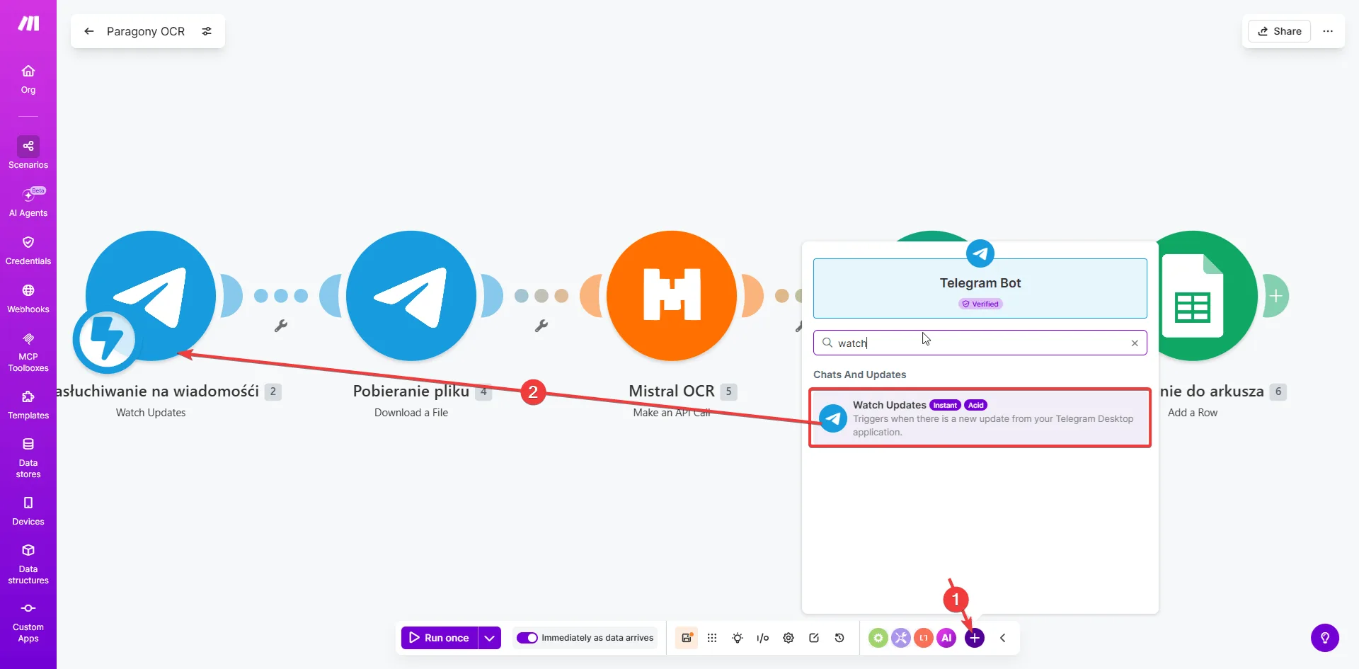 Dodawanie modułu Telegram Watch Updates — wybór z listy modułów Make.com